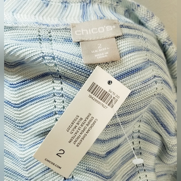 Chico's Turquoise Blue Wavy Stripe Open Front Cardigan Duster Sz 2/Lrg NWT - Picture 9 of 15